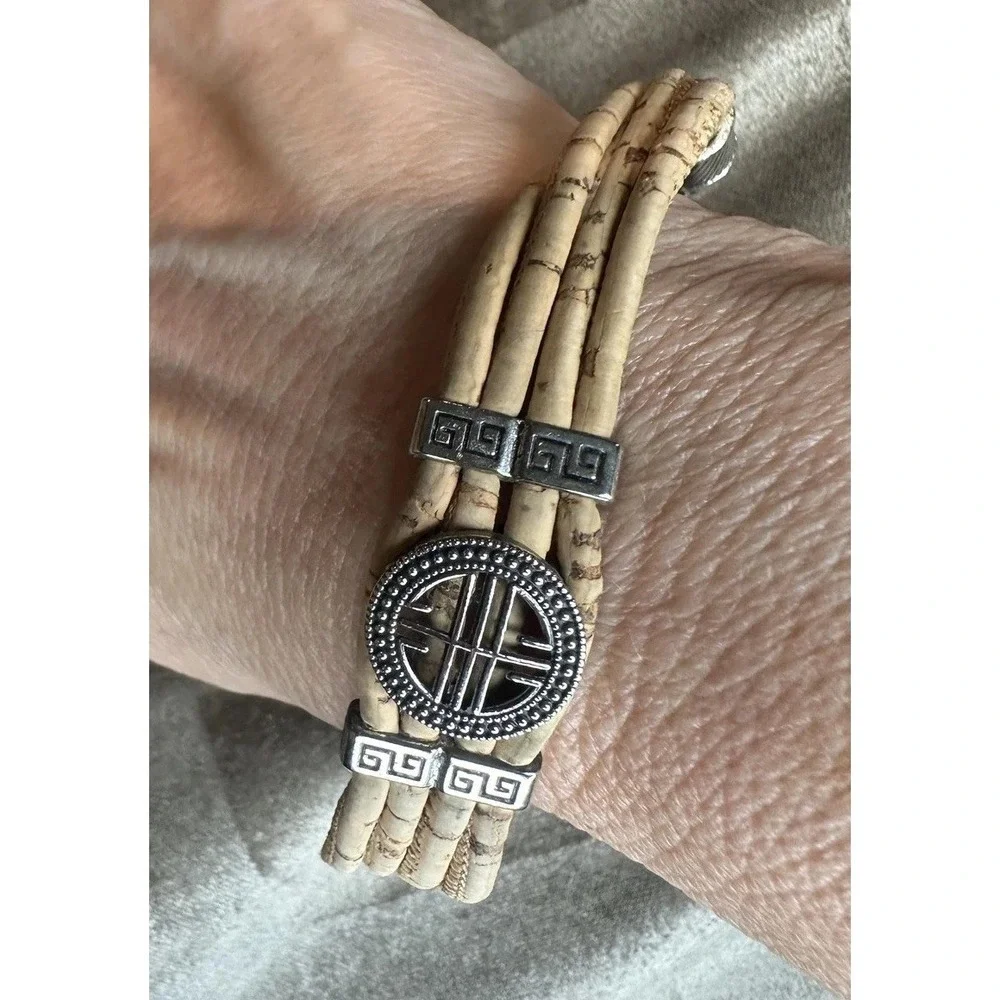 Artisan Portuguese Cork Multistrand Bracelet Greek Key Silvertone Medallion Boho